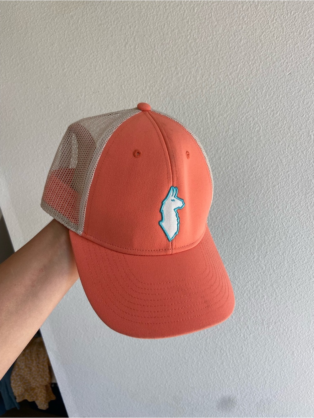 cotopaxi Coral Trucker Hat with White Mesh and Turquoise Patch